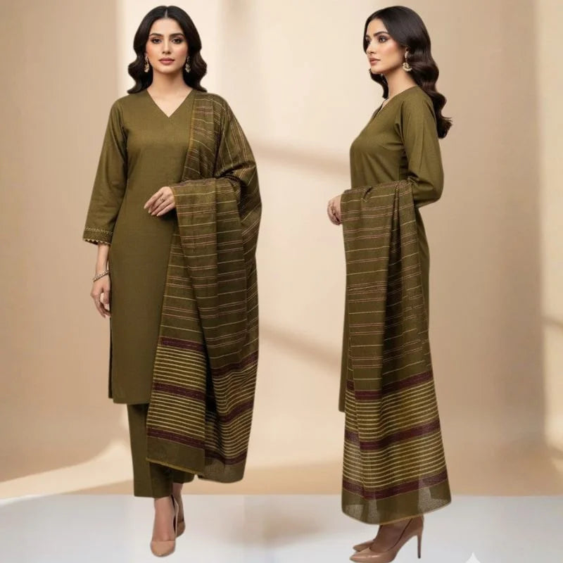 Winter Sussi Silk 3-Piece Suit for Women | Unstitched Plain Shirt & Trouser | Heavy Winter Sussi Shawl | Olive Green