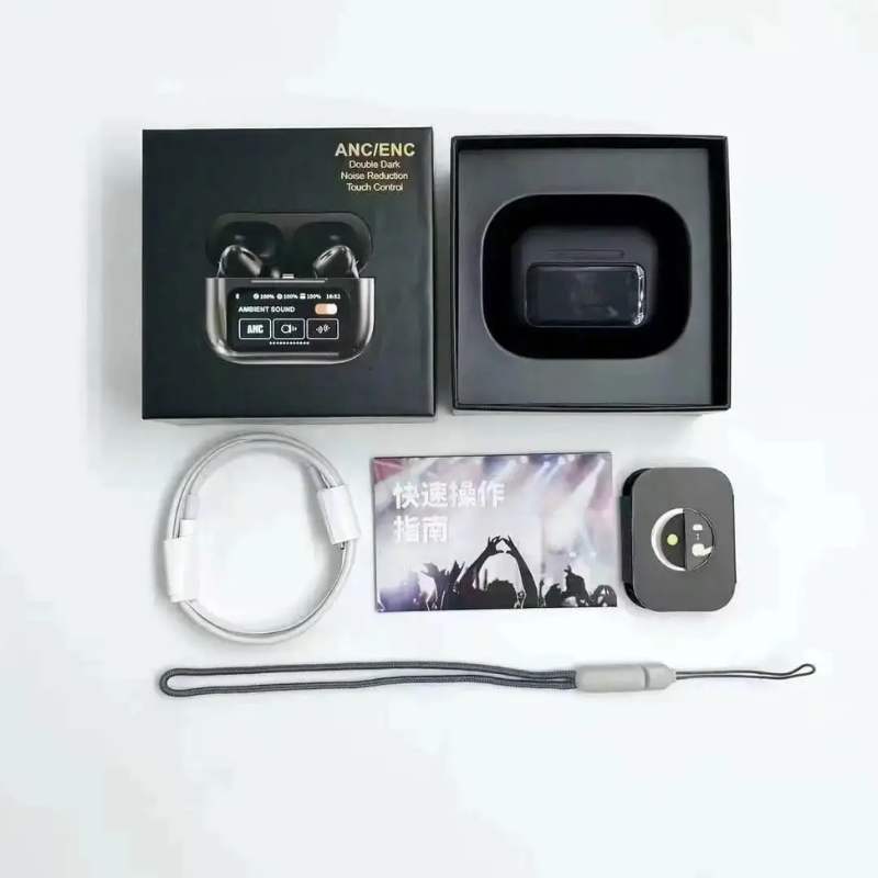 Black A9 Pro ANC Bluetooth 5.4 Wireless Earbuds with Smart Screen and Active Noise Cancellation
